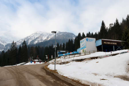 Falcade, Belluno, Italy - March 21, 2015: 4-seater chairlift Molino - Le Buse now removed in the Dolomite Alps ski area San Pellegrinoのeditorial素材