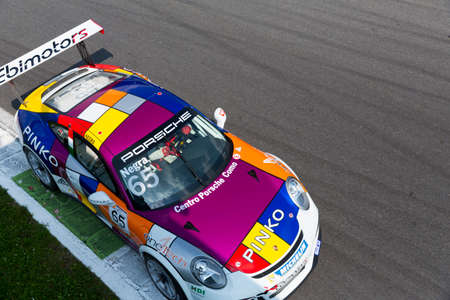 Monza, Italy - May 30, 2015: Porsche 911 GT3 Cup of Ebimotors team, driven  by Pietro Negra during the Porsche Carrera Cup Italia - Race in Autodromo Nazionale di Monza Circuit on May 30, 2015 in Monza, Italy.のeditorial素材