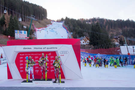 Val Gardena, Italy 19 December 2015. Svindal Aksel Lund  (Nor) winner, 2nd FAYED Guillermo (Fra) and JANSRUD Kjetil (Nor) 3rd in the men's Audi Fis Alpine Skiing World Cup Downhill race.のeditorial素材