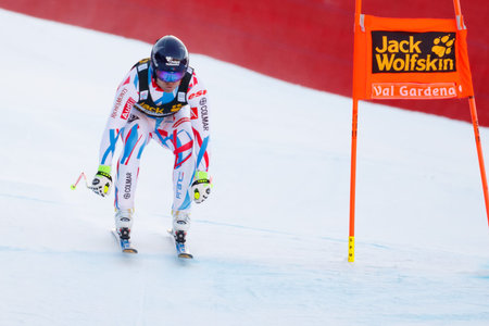Val Gardena, Italy 19 December 2015. Poisson David (Fra) competing in the Audi Fis Alpine Skiing World Cup Men's Downhill Race on the Saslong Course in the dolomite mountain range.のeditorial素材