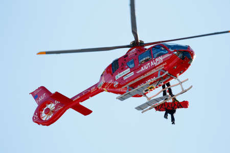 Val Gardena, Italy 19 December 2015. Matthias Mayer of Austria is evacuated by helicopter during the FIS Alpine Skiing World Cup Men's Downhillのeditorial素材