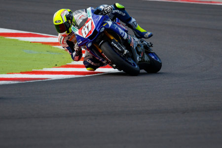 Misano Adriatico, Italy - June 20, 2015: Yamaha YZF R1 of Team Trasimeno, driven by MARCONI Luca in action during the Superstock 1000 Free Practice 3 during the FIM Superstock 1000 - race at Misano World Circuit on June 20, 2015 in Misano Adriatico, Italyのeditorial素材