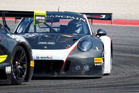 Misano Adriatico, Italy - April 10, 2016: Porsche 911 GT3 R of Team a-workx Team, driven by Didi Gonzales and Sebastian Asch,  the Blancpain GT Series Sprint Cup in Misano World Circuit.のeditorial素材
