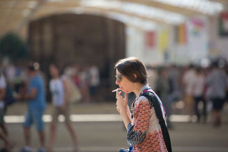 Milan, Italy â 12 August 2015: People visit the Expo 2015, universal exposition on the theme of food 12 August, 2015 in Milanのeditorial素材