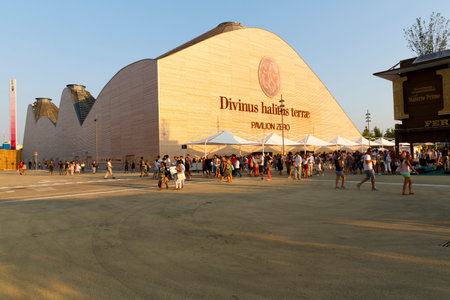 Milan, Italy, 12 August 2015: Detail of the pavilion Zero at the exhibition Expo 2015 Italy.のeditorial素材