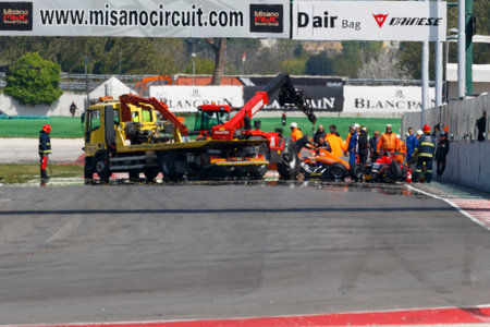 Misano Adriatico, Italy - April 10, 2016: Cars after a crash during at race of Italian F4 Championship in Misano World Circuit, in Misano Adriatico, Italy.のeditorial素材