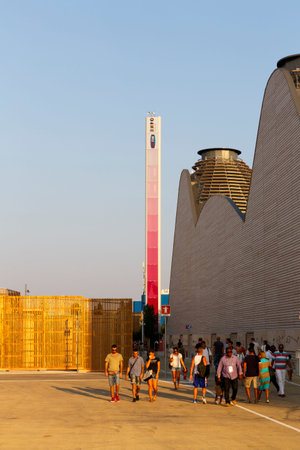 Milan, Italy, 12 August 2015: Detail Tower with logo TIM and Expo.のeditorial素材