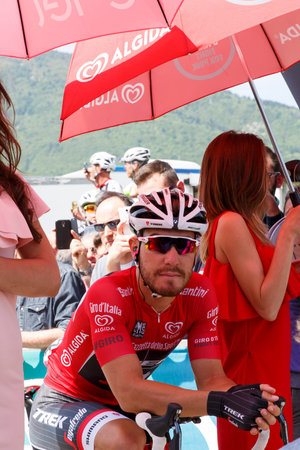 Farra d'Alpago lake Santa Croce, Italy May 21, 2016: Stage 14, Red jersey Nizzolo Giacomo of team Trek - Segafredo the start of the 99th Tour of Italy 2016 from Farra d'Alpago to Corvara.のeditorial素材