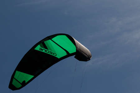 Lake Of Santa Croce, Italy â May 21, 2016: A surging kite lying on a beach in the lake of Santa Croceのeditorial素材