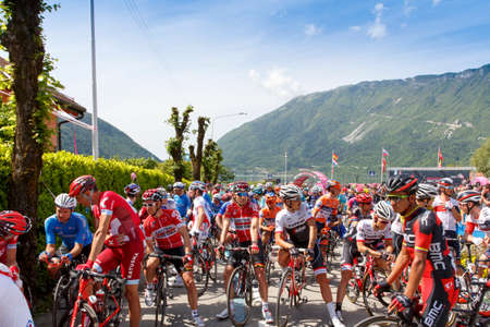 Farra d'Alpago lake Santa Croce, Italy â May 21, 2016: the start of the 99th Tour of Italy 2016 from Farra d'Alpago to Corvara.のeditorial素材