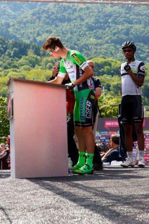 Farra d'Alpago lake Santa Croce, Italy â May 21, 2016: Stage 14 Ciccone Giulio of team Bardiani Csf the start of the 99th Tour of Italy 2016 from Farra d'Alpago to Corvara.のeditorial素材