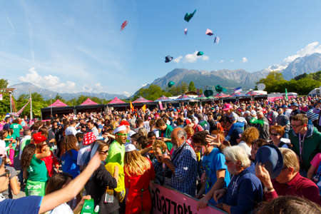 Farra d'Alpago lake Santa Croce, Italy â May 21, 2016: the start of the 99th Tour of Italy 2016 from Farra d'Alpago to Corvara.のeditorial素材