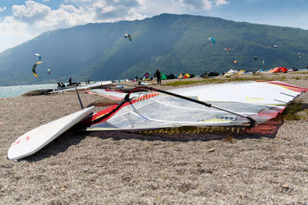 Lake Of Santa Croce, Italy â May 21, 2016: windsurfing sport equipment on Lake of Santa Croce Beach, Alpago, Belluno, Veneto, Italyのeditorial素材