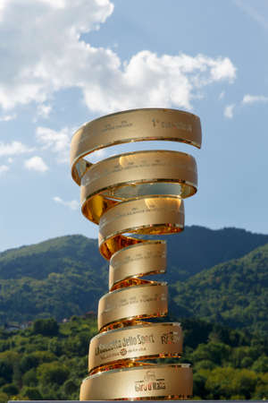 Farra d'Alpago lake Santa Croce, Italy - May21, 2016: the trophy prior to the start of the 99th Tour of Italy 2016 from Farra d'Alpago to Corvara.のeditorial素材
