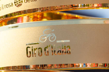 Farra d'Alpago lake Santa Croce, Italy - May21, 2016: the trophy prior to the start of the 99th Tour of Italy 2016 from Farra d'Alpago to Corvara.のeditorial素材