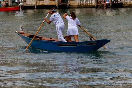 Venice, Italy - September 4, 2016: Historical ships open the Regata Storica, the main event in the...