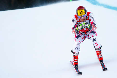 Alta Badia, Italy 20 December 2015.  HIRSCHER Marcel (Aut) competing in the Audi Fis Alpine Skiing World Cup Menâs Giant Slalom on the Gran Risa Course in the dolomite mountain range.のeditorial素材