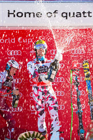 Alta Badia, Italy 20 December 2015: HIRSCHER Marcel (Aut) takes 1st place during the Audi Fis Alpine Skiing World Cup Menâs Giant Slalom Raceのeditorial素材