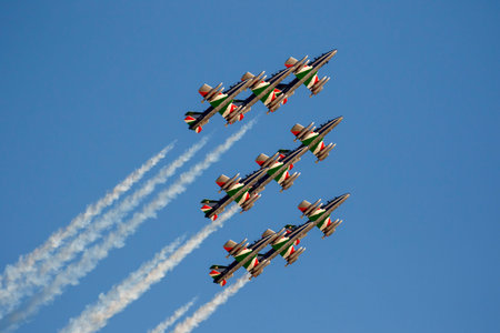 Alta Badia, Italy 20 December 2015: Italian special unit airforce 'Frecce Tricolori' (Tri-colour...