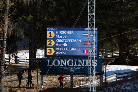 Alta Badia, Italy 20 December 2015. HIRSCHER Marcel (Aut) winner, 2nd KRISTOFFERSEN Henrik (Nor) and MUFFAT-JEANDET Victor (Fra) 3rd in the men's Audi Fis Alpine Skiing World Cup Menâs Giant Slalom race.のeditorial素材