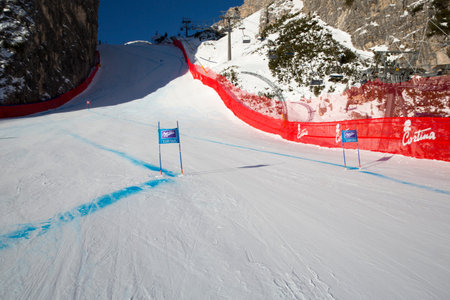 Cortina d'Ampezzo, Italy 24 January 2016. View of the slopes During The Audi FIS Alpine Ski World Cup Women's Downhill Training on on the Olympia Course in the Dolomite mountain range.のeditorial素材