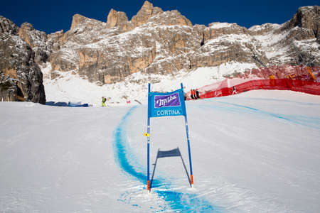 Cortina d'Ampezzo, Italy 24 January 2016. View of the slopes During The Audi FIS Alpine Ski World Cup Women's Downhill Training on on the Olympia Course in the Dolomite mountain range.のeditorial素材