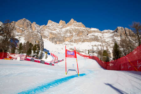 Cortina d'Ampezzo, Italy 24 January 2016. View of the slopes During The Audi FIS Alpine Ski World Cup Women's Downhill Training on on the Olympia Course in the Dolomite mountain range.のeditorial素材