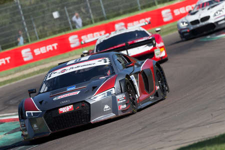 Imola, Italy - September 25, 2016: A Audi R8 LMS  of Audi Sport Italia Team, driven by Mappelli Marco and Albuquerque Filipe,  the C.I. Gran Turismo Super GT3-GT3 in Autodromo Enzo & Dino Ferrari , in Imola, Italy.のeditorial素材