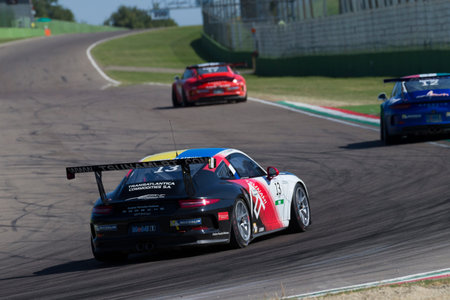 Imola, Italy - September 25, 2016: A Porsche 911 Gt3 Cup of Tsunami Rt team, driven By Gaidai Oleksandr and LEDOGAR Come,  the Porsche Carrera Cup Italia car racing on September 25, 2016 in Imola, Italy.のeditorial素材