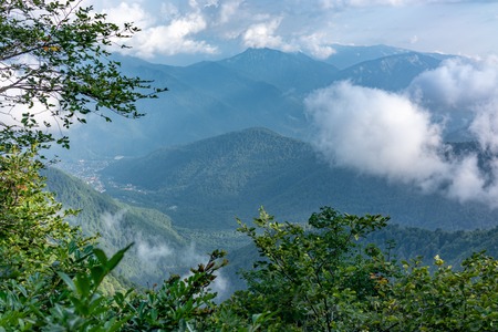 The view from the height of the valley, surrounded by high green mountains through trees, clouds and fog. Caucasus, Russiaの写真素材