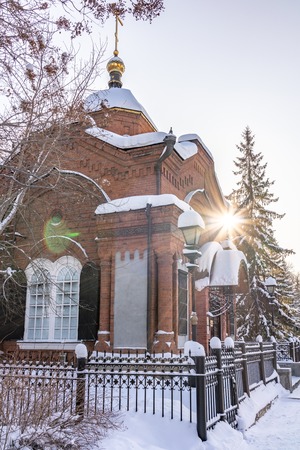 A small Orthodox Chapel in Winter Park. Chapel of St. Alexander Nevsky, Yekaterinburg, Russia.の写真素材
