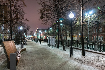 Winter alley in the heart of the city at night. Yekaterinburg, Russiaの写真素材