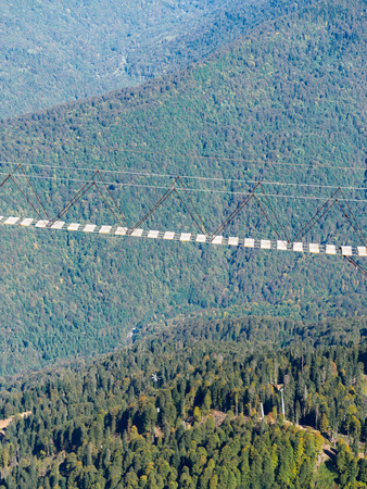 Suspension pedestrian bridge between high mountains above the forest. The helicopter flies over the green forest. View from above.の写真素材