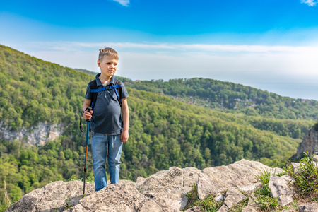 A boy traveler with trekking poles and a backpack stands on top of a mountain among green forest. Clear spring or summer day in the mountainsの写真素材