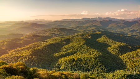 Layers of green mountains and hills in the haze during sunset. View from Mount Akhun, Sochi, Russia.の写真素材