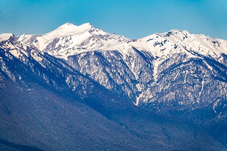 High mountain range with forested slopes and snowy peaks. Clear day in the mountains.の写真素材