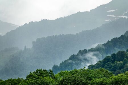 High mountains with forested slopes and peaks hidden in the clouds. Heavy fog in the mountains on a cloudy day.の写真素材