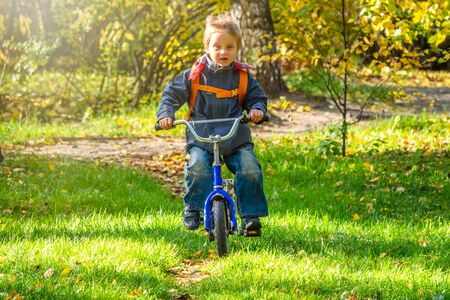 Five years old little boy rides a bicycle in the autumn park.の写真素材