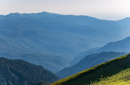 Green mountain slope. Layers of mountains in the haze during sunset. Multilayered misty nountains. Krasnaya Polyana, Sochi, Russia.の写真素材