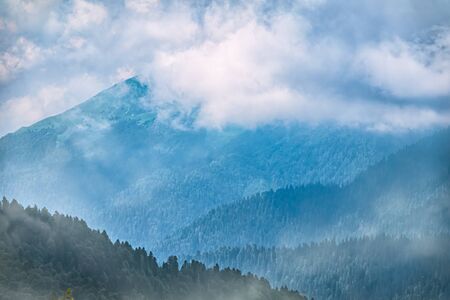 High mountains with green slopes in dense fog. Layers of mountains in the haze during sunset. Multilayered misty mountains.の写真素材
