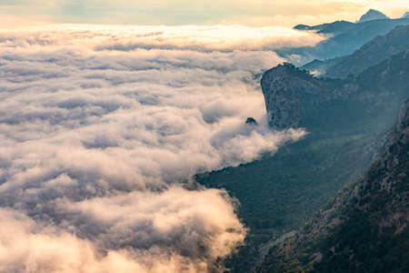 Majestic orange sunset over the rocky mountains and the valley in fog and clouds. Creamy fog covered the mountain valley in sunset light. Misty sunset over Crimea Mountains. Ai-Petri, Crimea.の写真素材