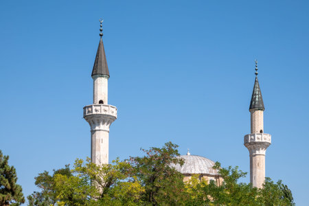Towers of the mosque against the background of blue sky and chestnut trees.