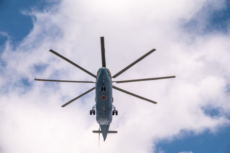 Moscow, Russia - May, 05, 2021: The Mi-26 helicopter flies over Red Square during the General...