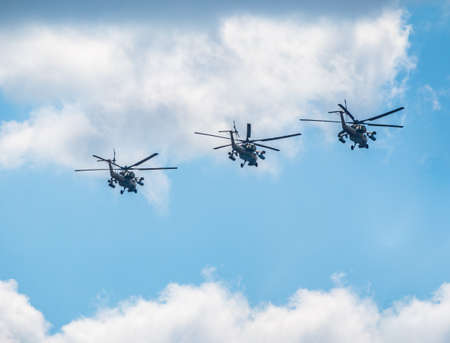 Moscow, Russia - May, 05, 2021: Mi-35M attack helicopters in the sky over Moscow during the parade dedicated to the anniversary of Victory in the Great Patriotic Warのeditorial素材