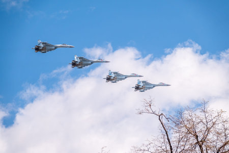 Moscow, Russia - May, 05, 2021: Sukhoi SU-35 flying over Red Square during the preparation of the Victory Day May 9 parade.のeditorial素材