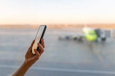 Close-up shot of female hand holding smart phone by window at airport. Area with airplane in...
