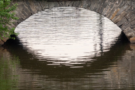 Stonework of a bridge pylon of a 19th century brick bridge. Old stone bridge and a riverの写真素材