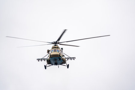 Moscow, Russia - May, 05, 2021: MI-8 multipurpose helicopters fly over Red Square during the parade celebrating Victory Day in Moscowのeditorial素材
