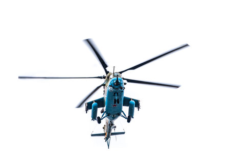 Moscow, Russia - May, 09, 2021: Mi-35M attack helicopters in the sky over Moscow during the parade...