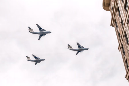 Moscow, Russia - May, 05, 2021: IL-76 A50U Russian Air Forces will fly over Kremlin and red square...